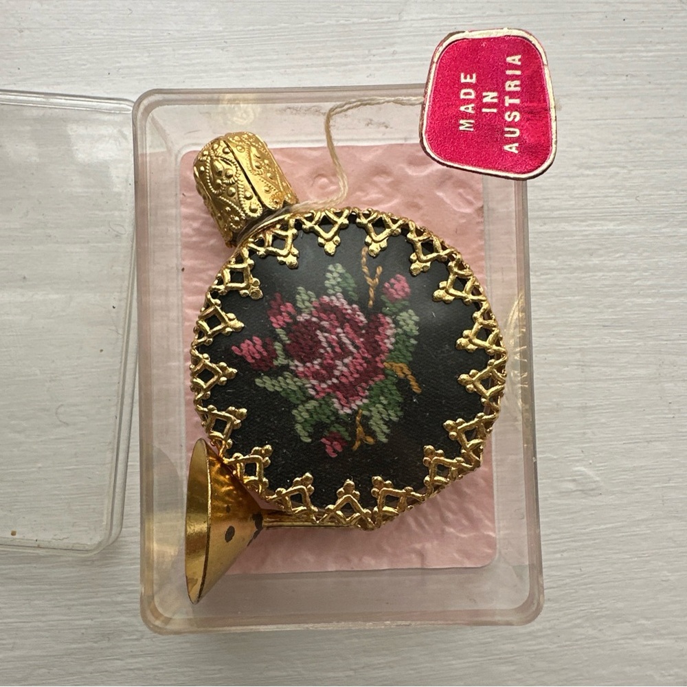 Vintage Viennese petite point perfume bottle, funnel, case. Pompadour Austria.